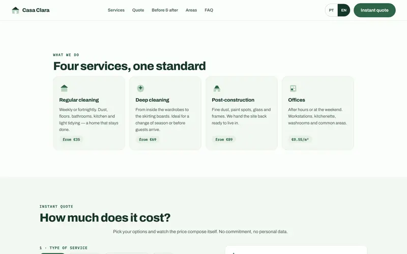 Four services, each with its starting price.