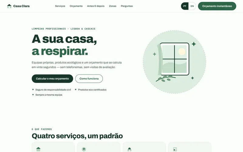 Página inicial: a empresa, as garantias e o orçamento à vista.