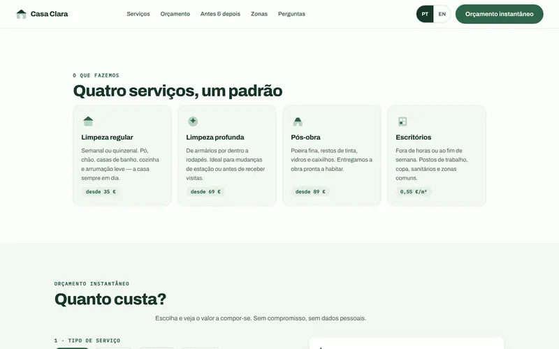 Quatro serviços, cada um com o preço de partida.