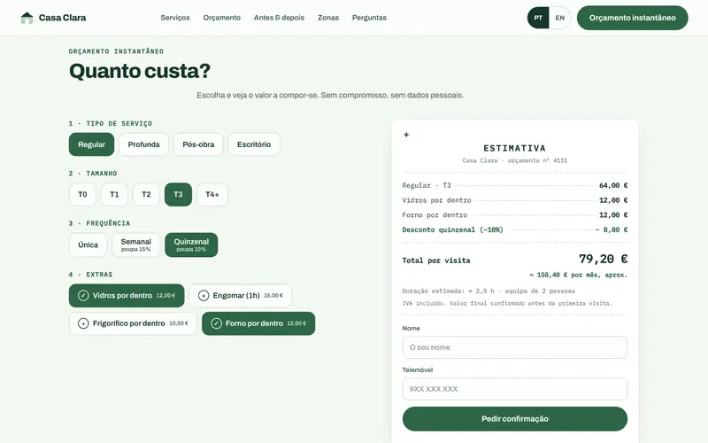 O orçamento: T3 quinzenal com extras, desconto e total por mês.