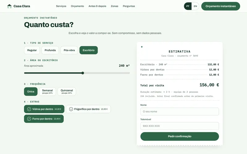 Escritórios: pela área, com um mínimo por visita.