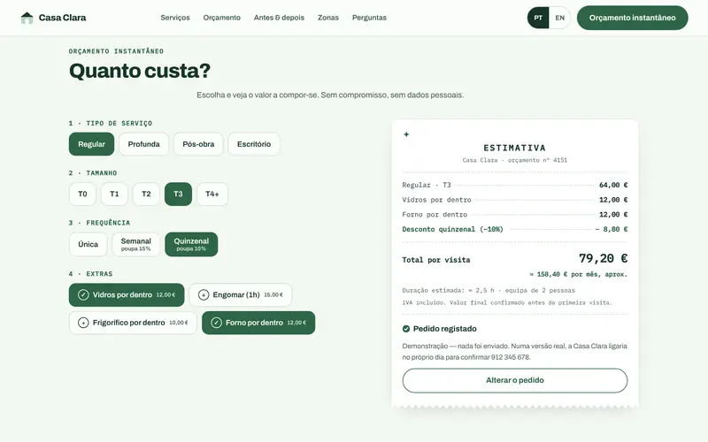 O pedido registado, com o resumo na estimativa.