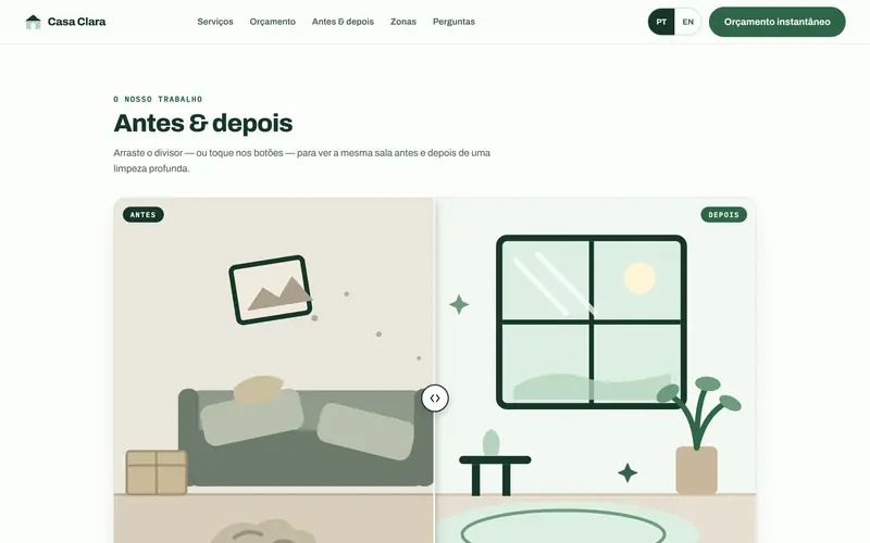 Antes e depois: um divisor para arrastar, com ilustração própria.