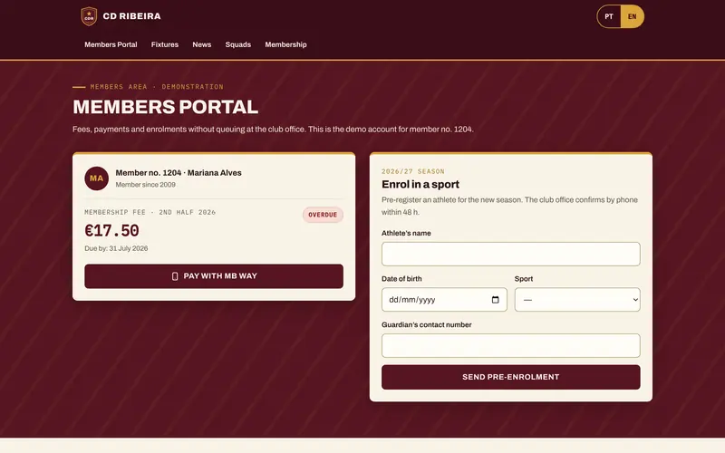 Sample members’ area: the half-year fee and its status.