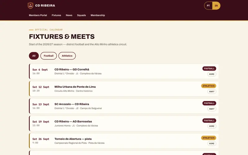 Fixtures: date, time, competition, home or away.