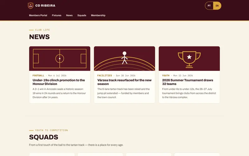 Club news, with date and category.