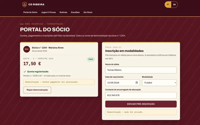 Pré-inscrição: atleta, data de nascimento, modalidade e contacto.