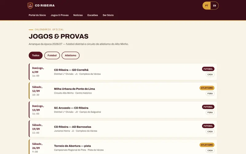 Jogos e provas: data, hora, competição, casa ou fora.