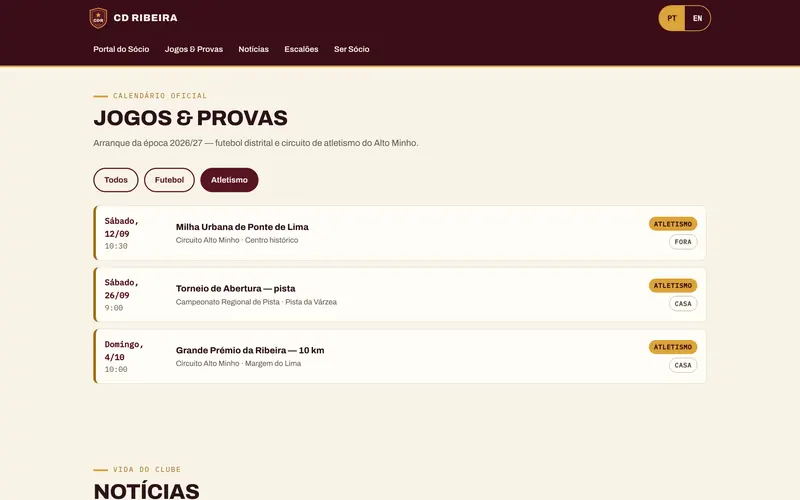 O filtro por modalidade: aqui, só o atletismo.