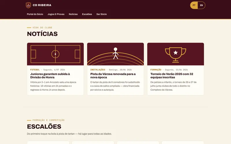 Notícias do clube, com data e categoria.