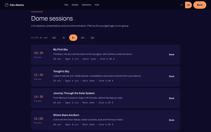 Sessions: time, length, minimum age, room and price.