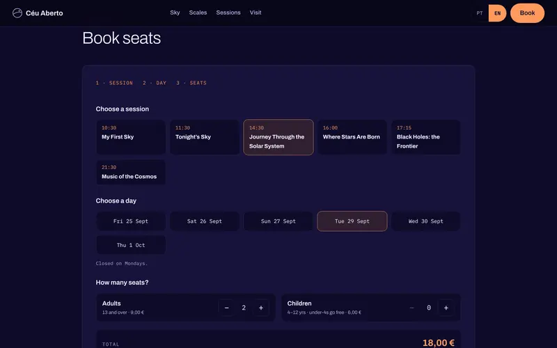 Booking: the session, the day and how many seats.