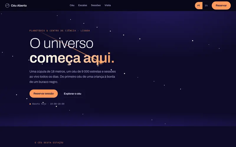 Página inicial: a cúpula, as sessões diárias e a reserva.
