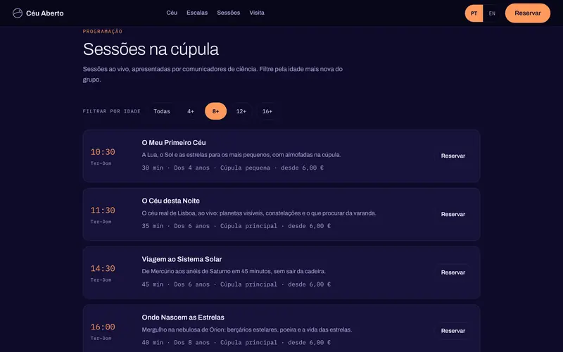 Sessões: hora, duração, idade mínima, sala e preço.