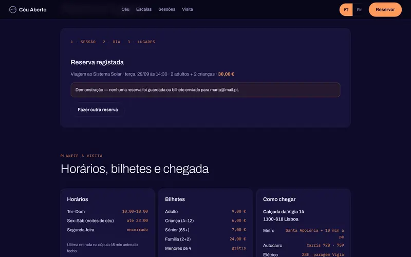 E a confirmação, com o resumo e o valor.