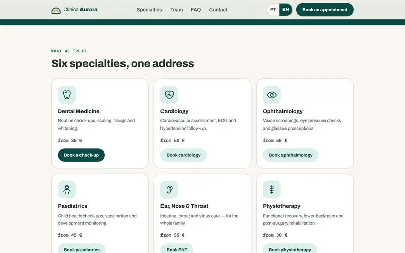 The specialties, with a description, price and booking button.