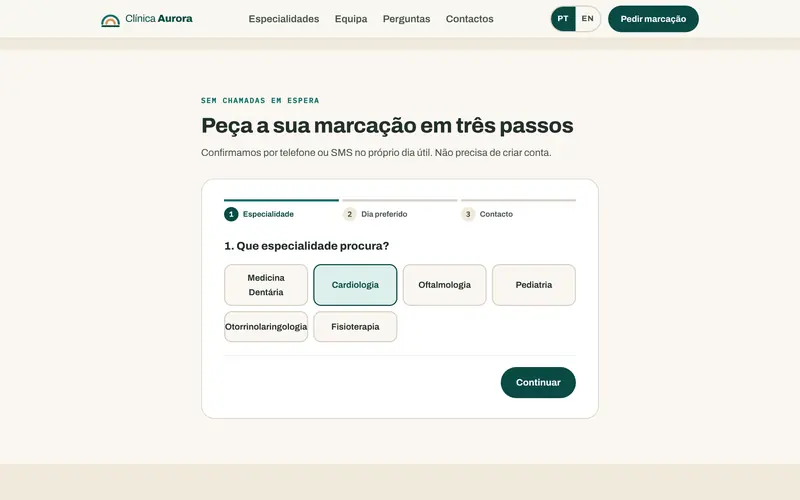 Passo 1: a especialidade, em botões grandes.