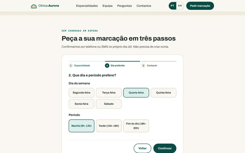 Passo 2: o dia e o período preferidos.