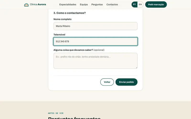 Passo 3: nome e telemóvel, com nota opcional.