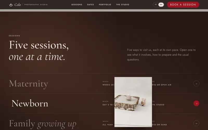 The sessions, each one’s picture following the pointer.