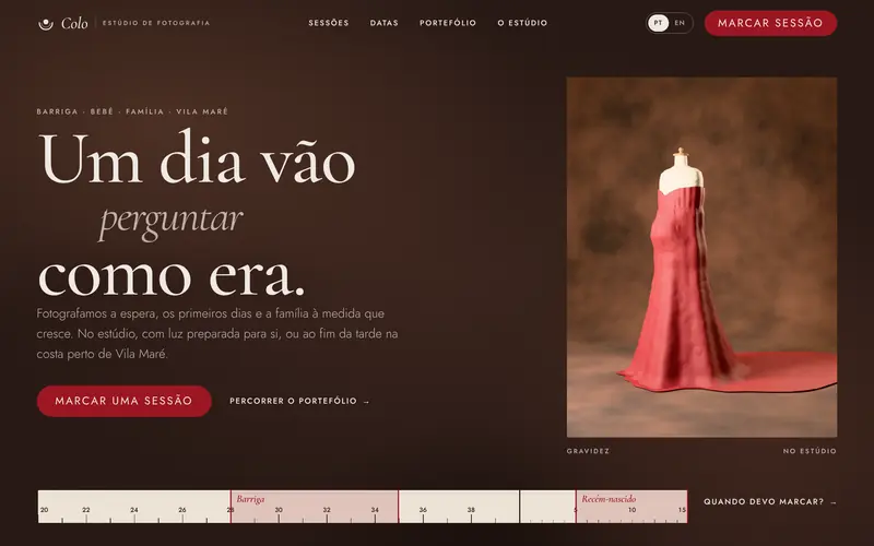 A abertura: o vestido no estúdio e a fita métrica das semanas.