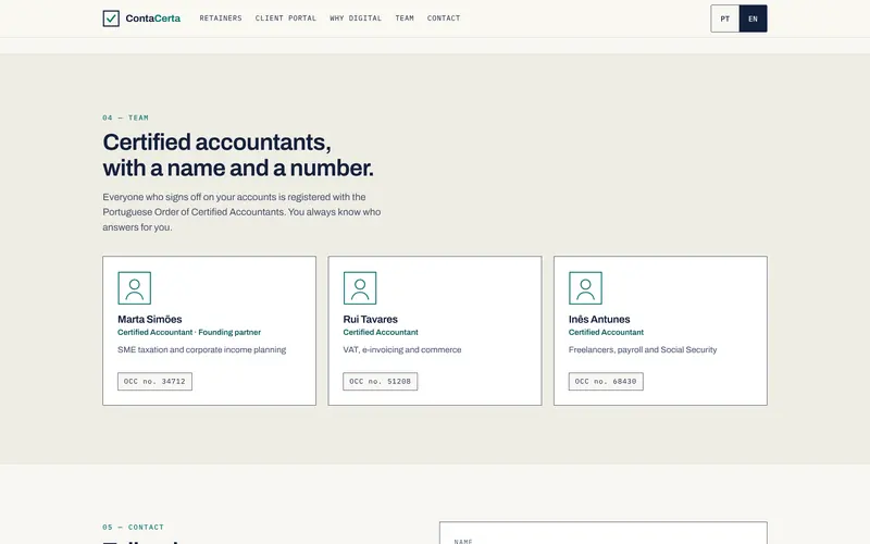 The team: certified accountants, with OCC numbers.