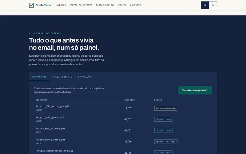 Portal de exemplo: os documentos enviados e o seu estado.