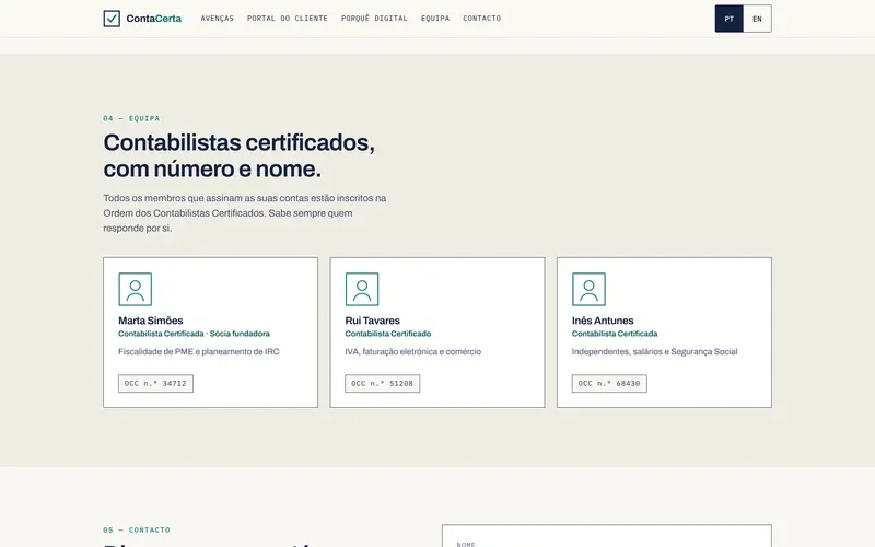 A equipa: contabilistas certificados, com cédula da OCC.