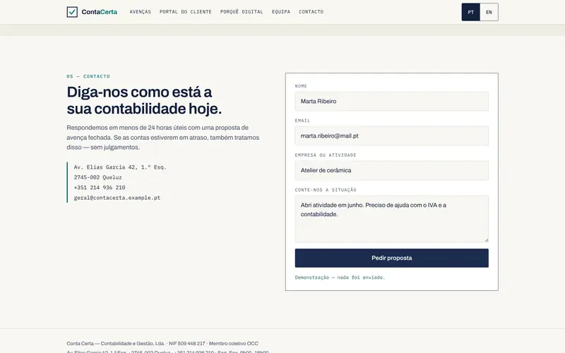 O pedido de proposta, com morada e contactos ao lado.