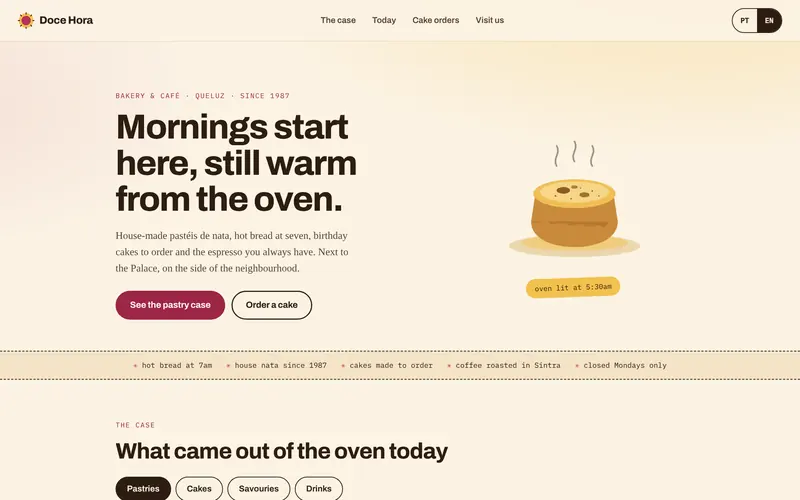 Home: the bakery, what it offers and two clear shortcuts.