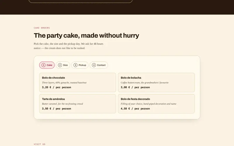 Cake orders: first the cake, with its price per person.