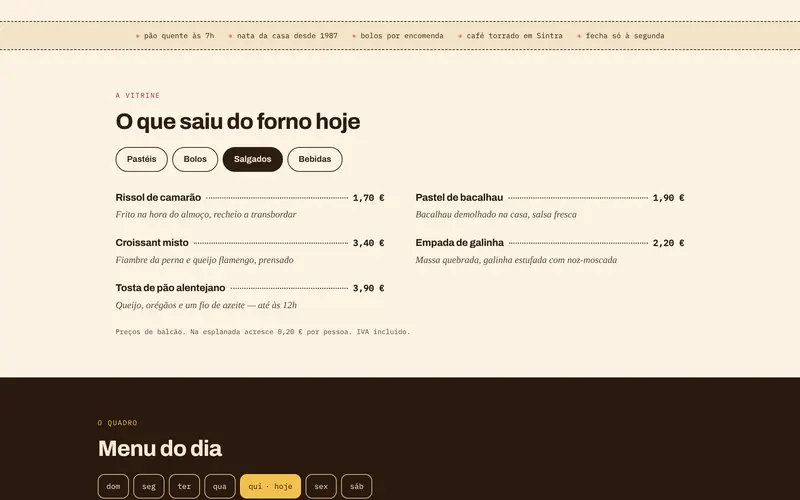 A vitrine: pastéis, bolos, salgados e bebidas, com preços.