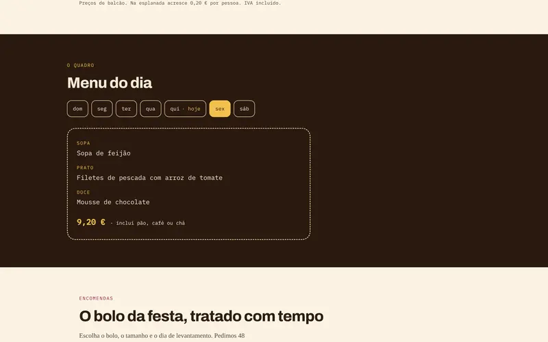 O menu do dia: sopa, prato e doce, com o preço.