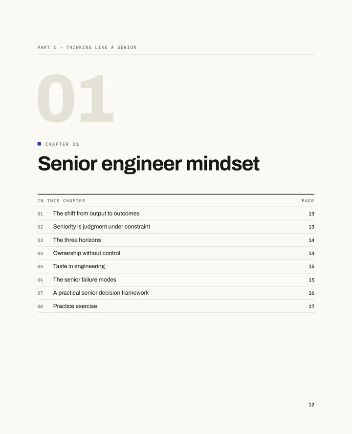 Becoming a Senior Engineer, page 12: Chapter 01 opener, Senior engineer mindset, with its eight sections and their pages