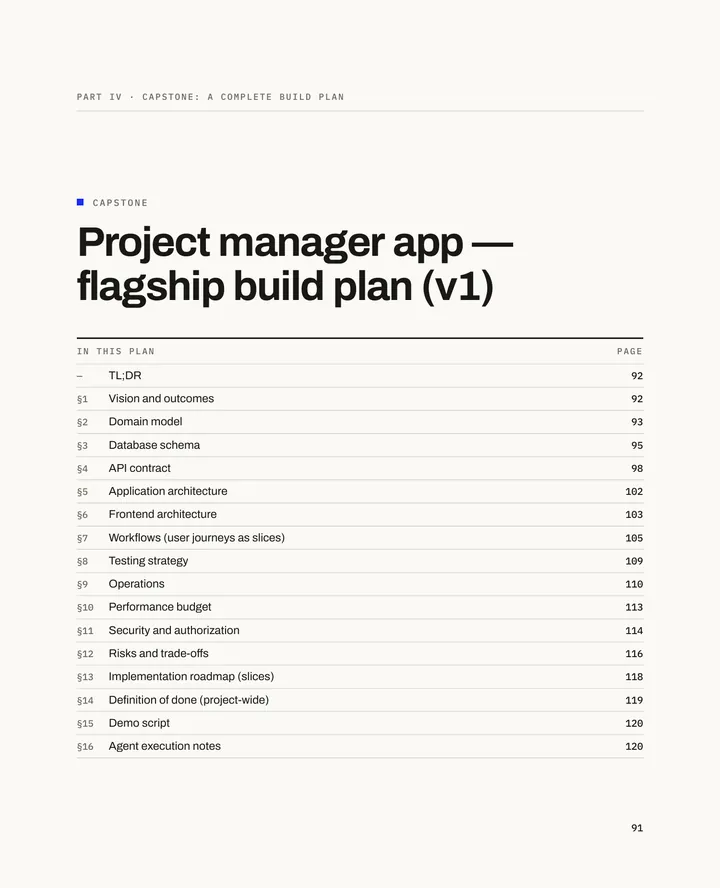 Becoming a Senior Engineer, page 91: The build plan’s contents, from the TL;DR to §16, with pages