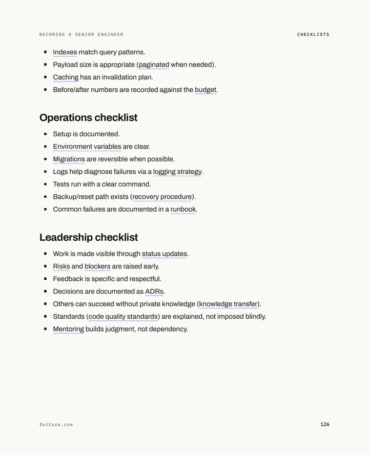 Becoming a Senior Engineer, page 126: Performance, operations and leadership checklists