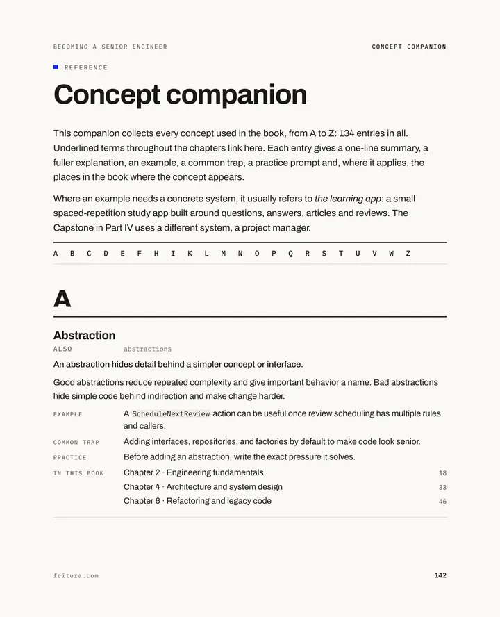Becoming a Senior Engineer, page 142: Concept companion opener, letter bar and the entry Abstraction