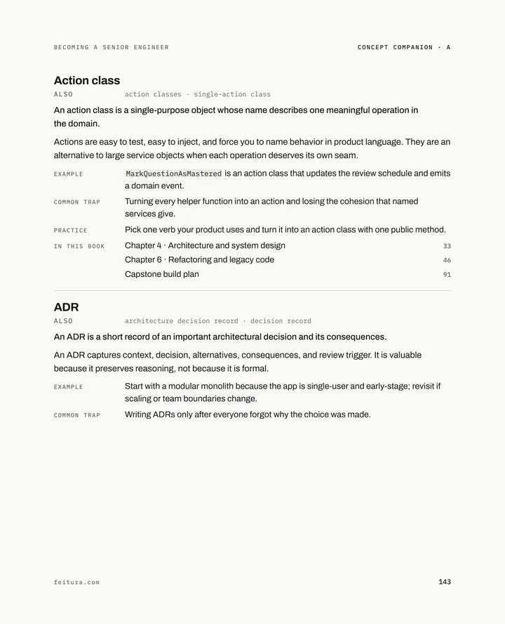 Becoming a Senior Engineer, page 143: The entries Action class and ADR
