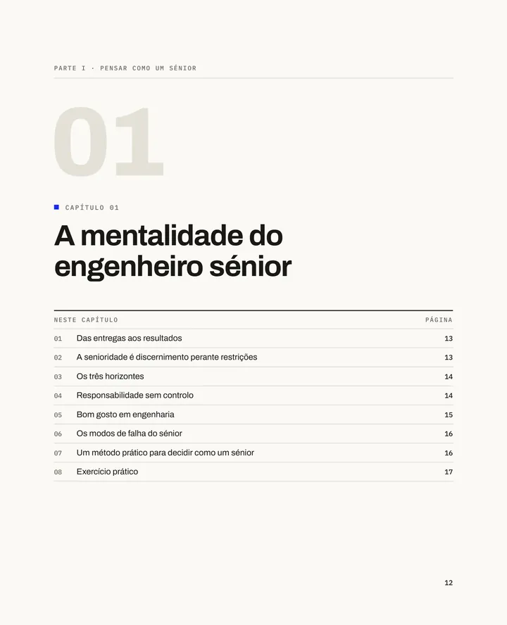 Tornar-se engenheiro sénior, página 12: Abertura do capítulo 01, A mentalidade do engenheiro sénior, com as oito secções e as respetivas páginas