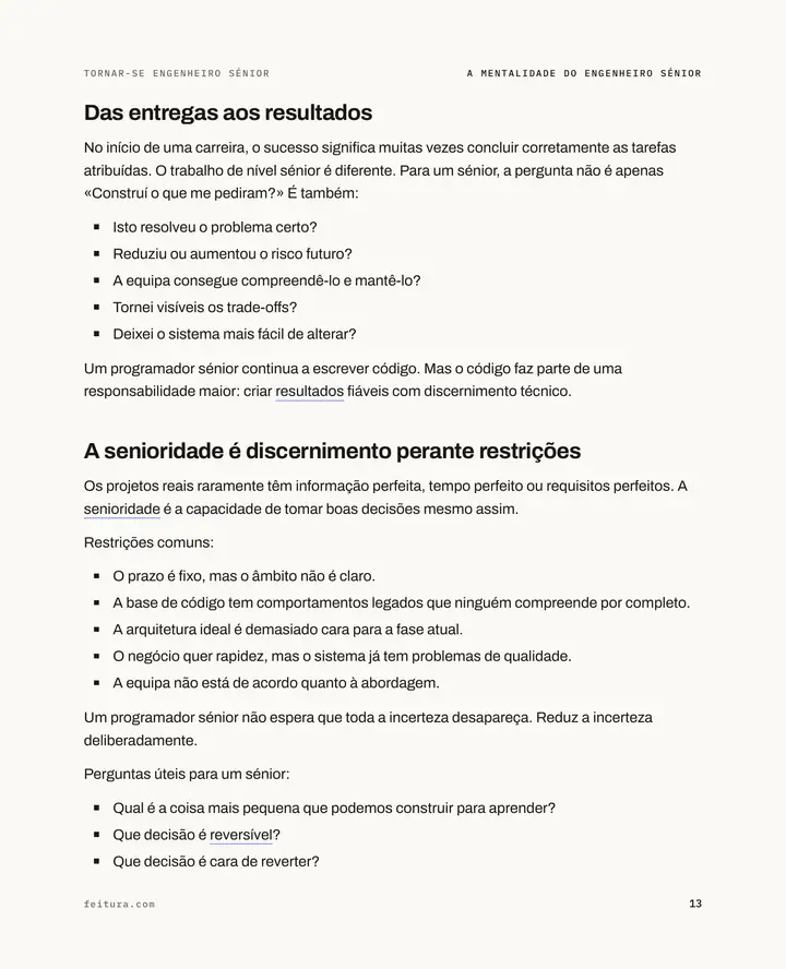 Tornar-se engenheiro sénior, página 13: As secções «Das entregas aos resultados» e «A senioridade é discernimento perante restrições»