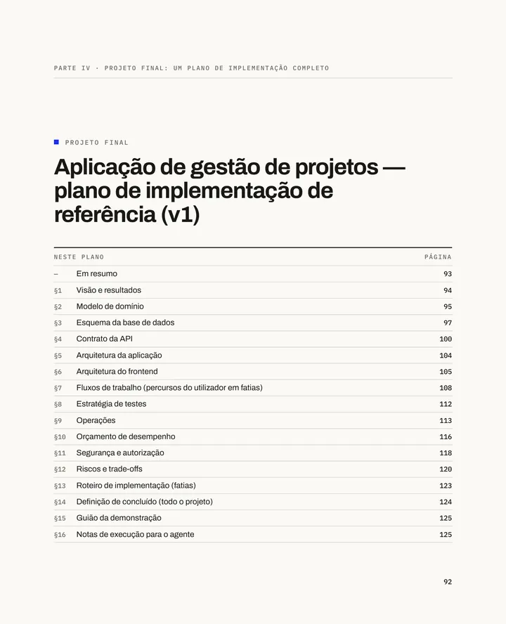 Tornar-se engenheiro sénior, página 92: Conteúdo do plano de implementação, do resumo à §16, com as páginas