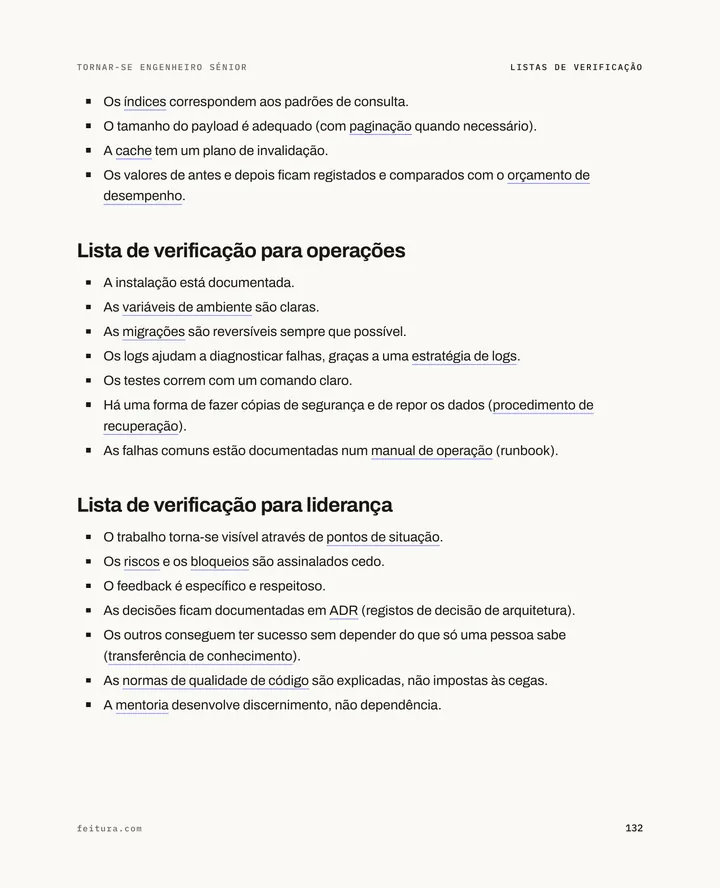 Tornar-se engenheiro sénior, página 132: Listas de verificação de desempenho, operações e liderança