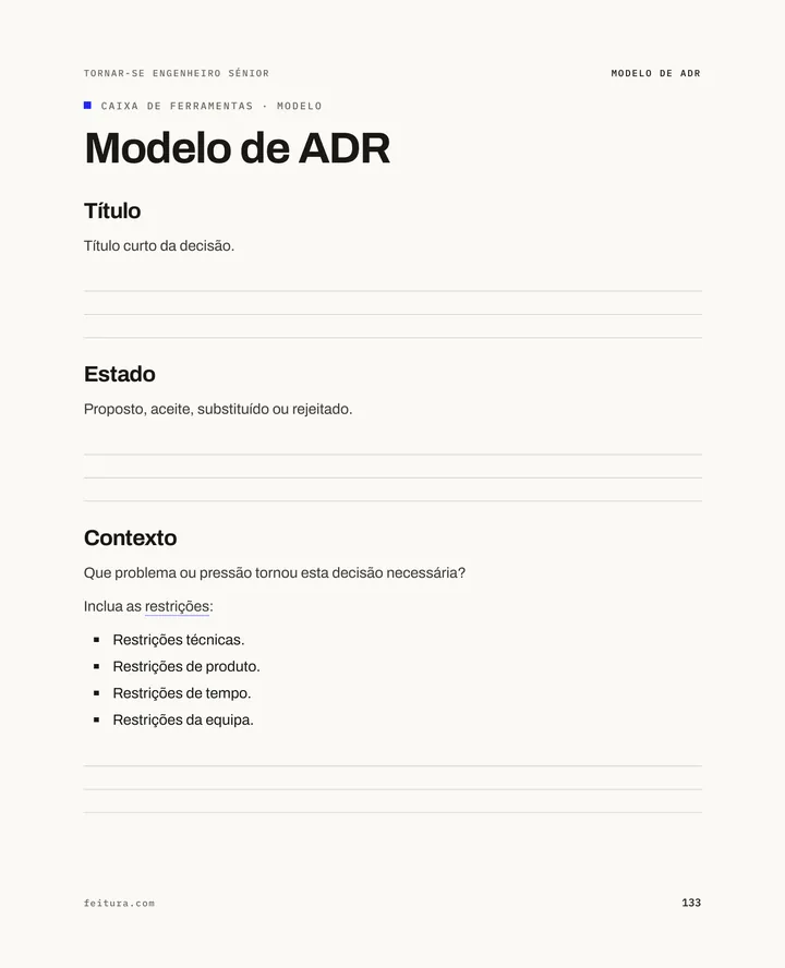 Tornar-se engenheiro sénior, página 133: Modelo de ADR com linhas para preencher