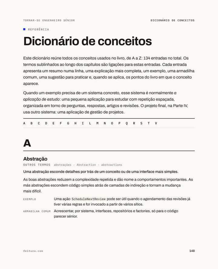 Tornar-se engenheiro sénior, página 148: Abertura do dicionário de conceitos, barra de letras e a entrada Abstração
