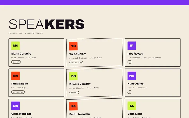 The speakers, with role, company and track.