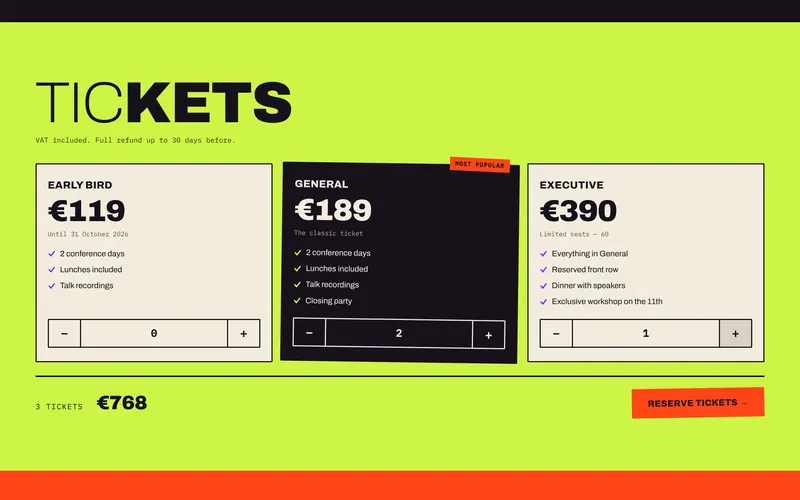 Tickets: price, what’s included, quantity and total.