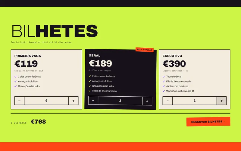 Bilhetes: preço, o que inclui, quantidade e total.