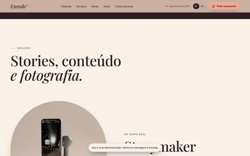 Os serviços: storymaker, conteúdo para marcas e fotografia.