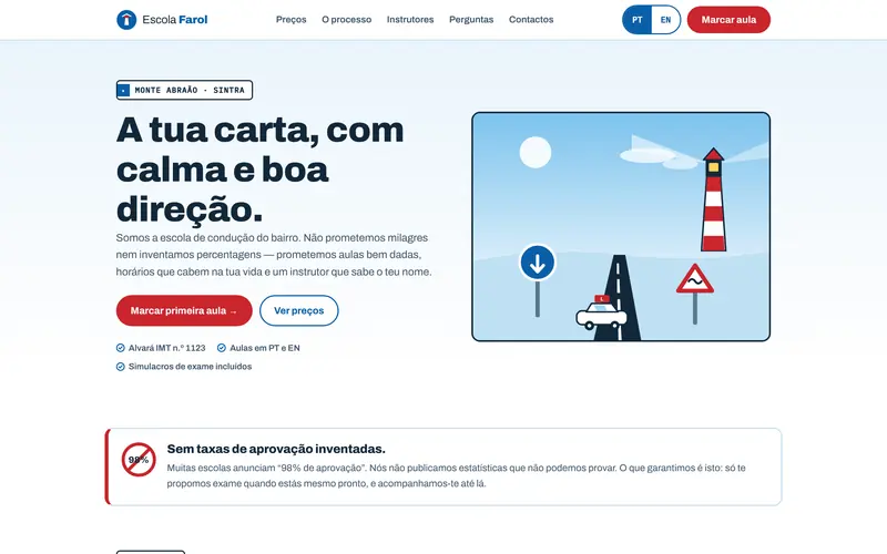 Página inicial: a escola, a promessa e a marcação à vista.