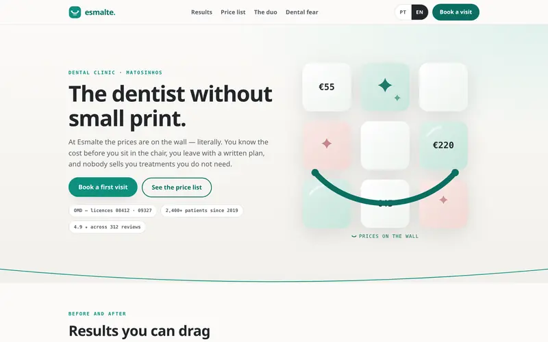 Home: the clinic, booking and the price table.